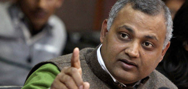 Delhi Law Minister Somnath Bharti addresses a press conference in New Delhi.