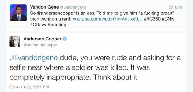 A Sun News contributor got into a verbal altercation with Anderson Cooper of CNN during Canadian Parliament attack.